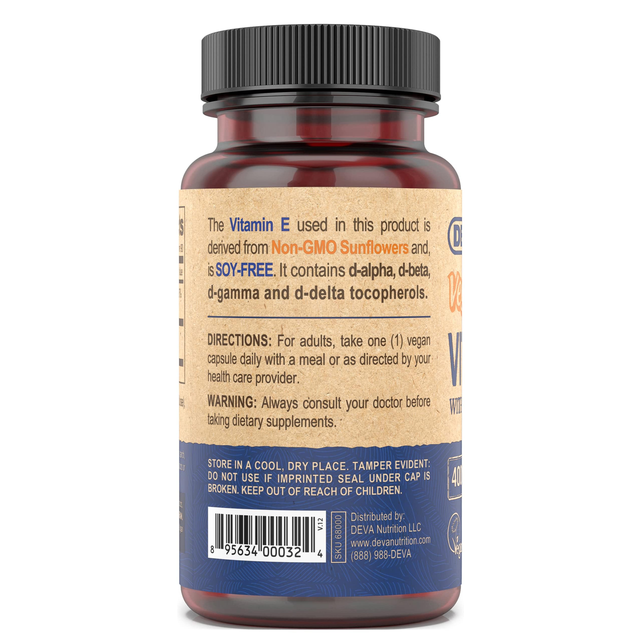 DEVA soy-free vegan Vitamin E from sunflower source supports plant-based nutrition.