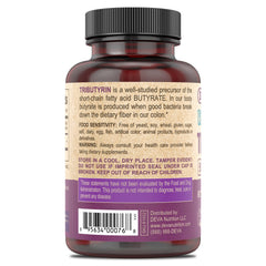 DEVA Tributyrin bottle front view emphasizing vegan certified supplement for gut health.