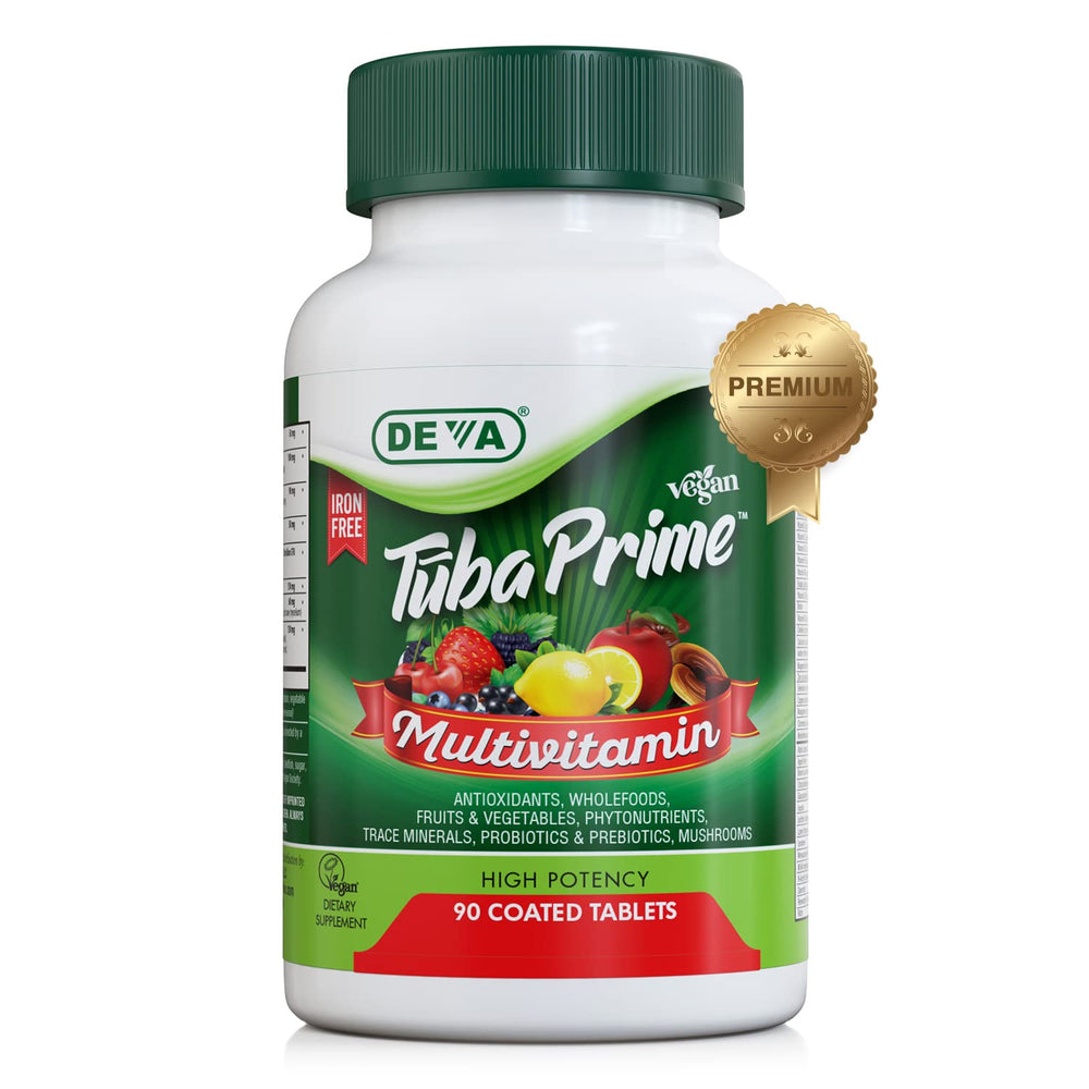 Front view of DEVA Tuba Prime Vegan Multivitamin bottle