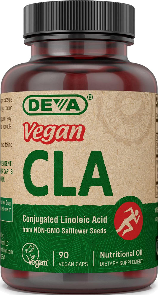 Bottle of DEVA Vegan CLA capsules with label on white background