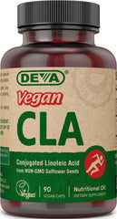 Bottle of DEVA Vegan CLA capsules with label on white background