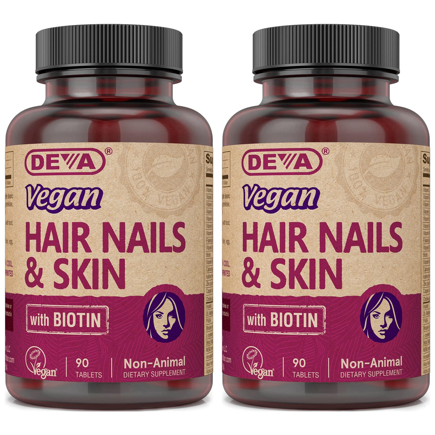 DEVA Vegan Hair Nails Skin supplement bottle with 500 mcg Biotin per tablet