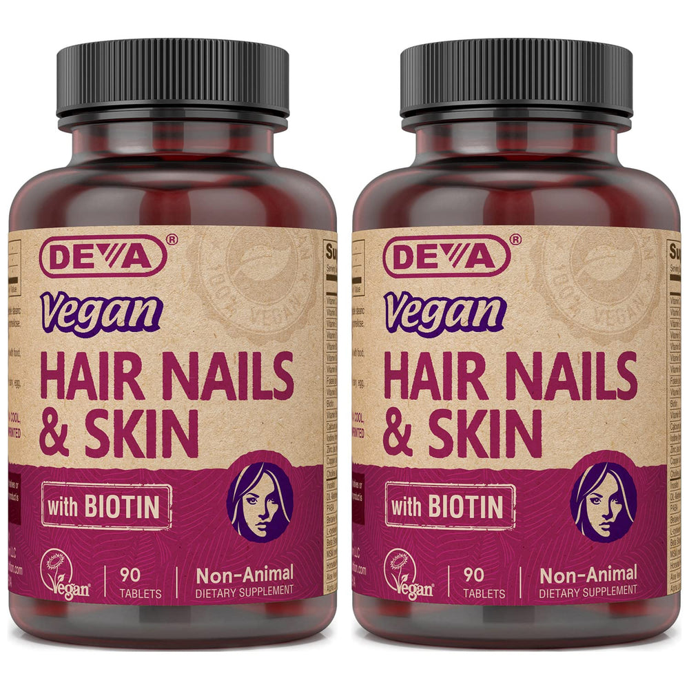 DEVA Vegan Hair Nails Skin supplement bottle with 500 mcg Biotin per tablet