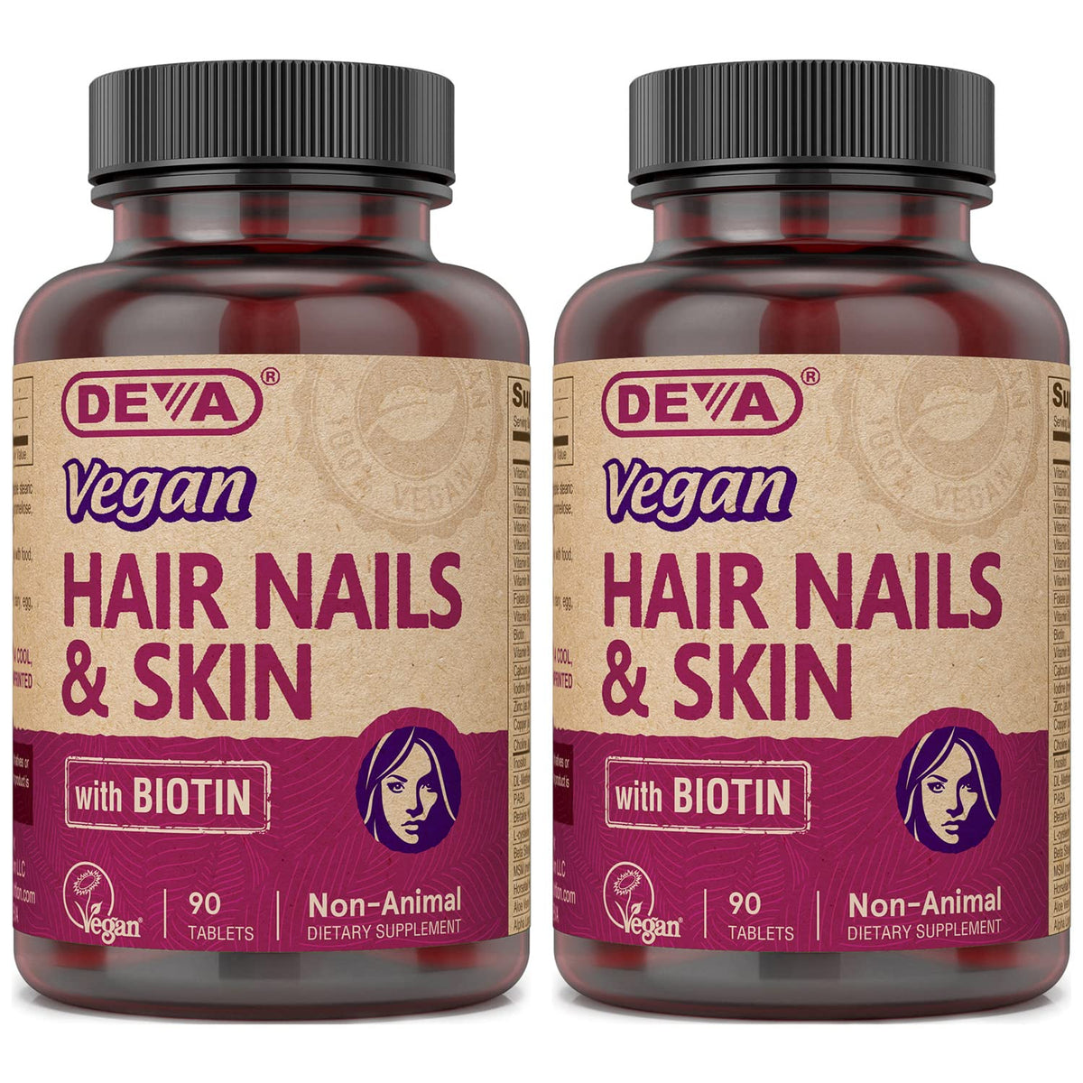 DEVA Vegan Hair Nails Skin supplement bottle with 500 mcg Biotin per tablet