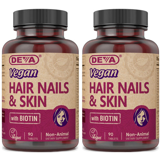 DEVA Vegan Hair Nails Skin supplement bottle with 500 mcg Biotin per tablet