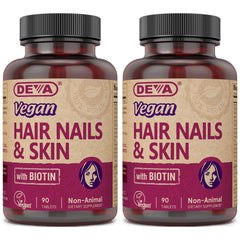 DEVA Vegan Hair Nails Skin supplement bottle with 500 mcg Biotin per tablet