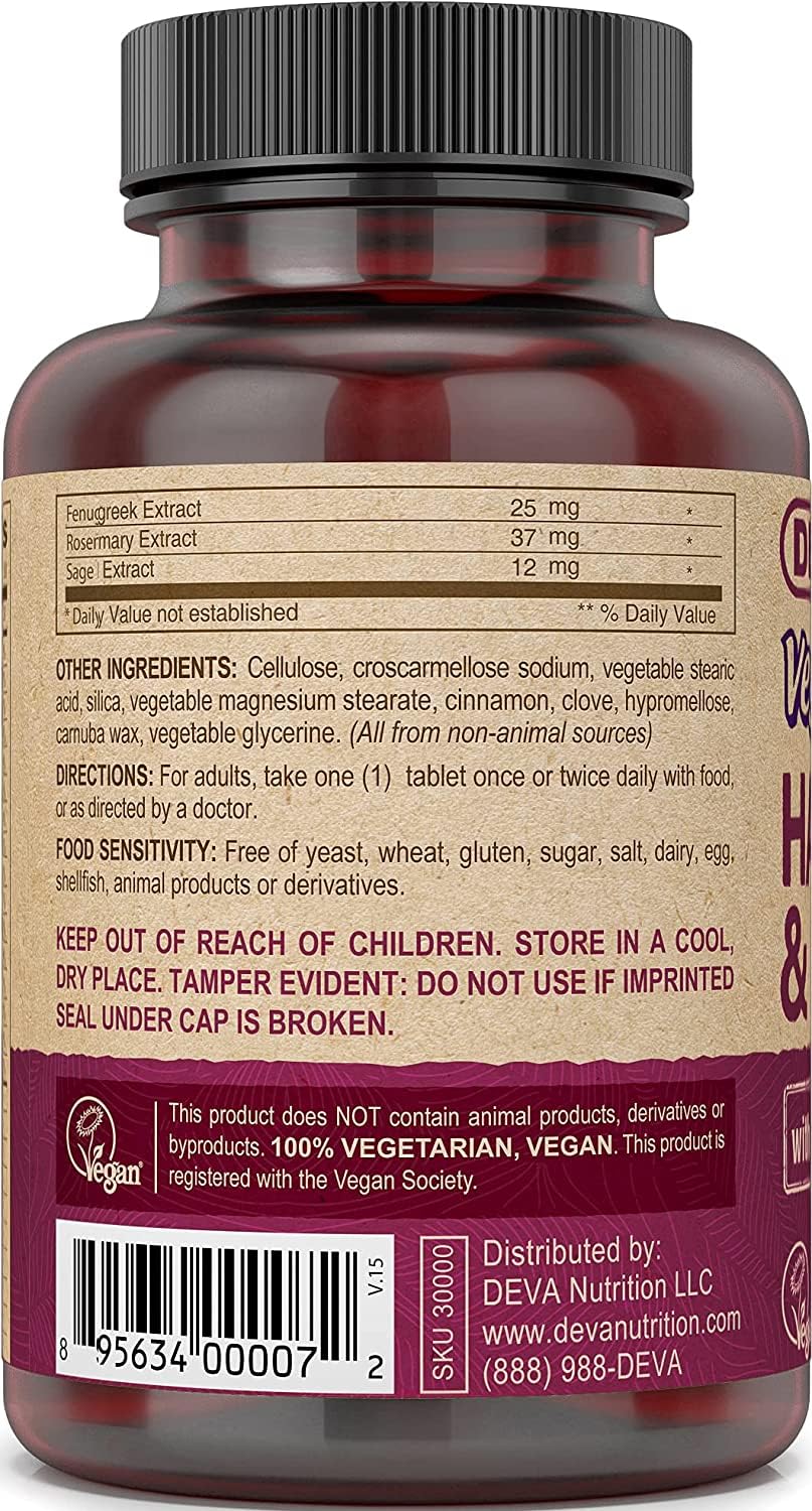 Front label of DEVA vegan hair nails skin supplement showing 90 tablets per bottle