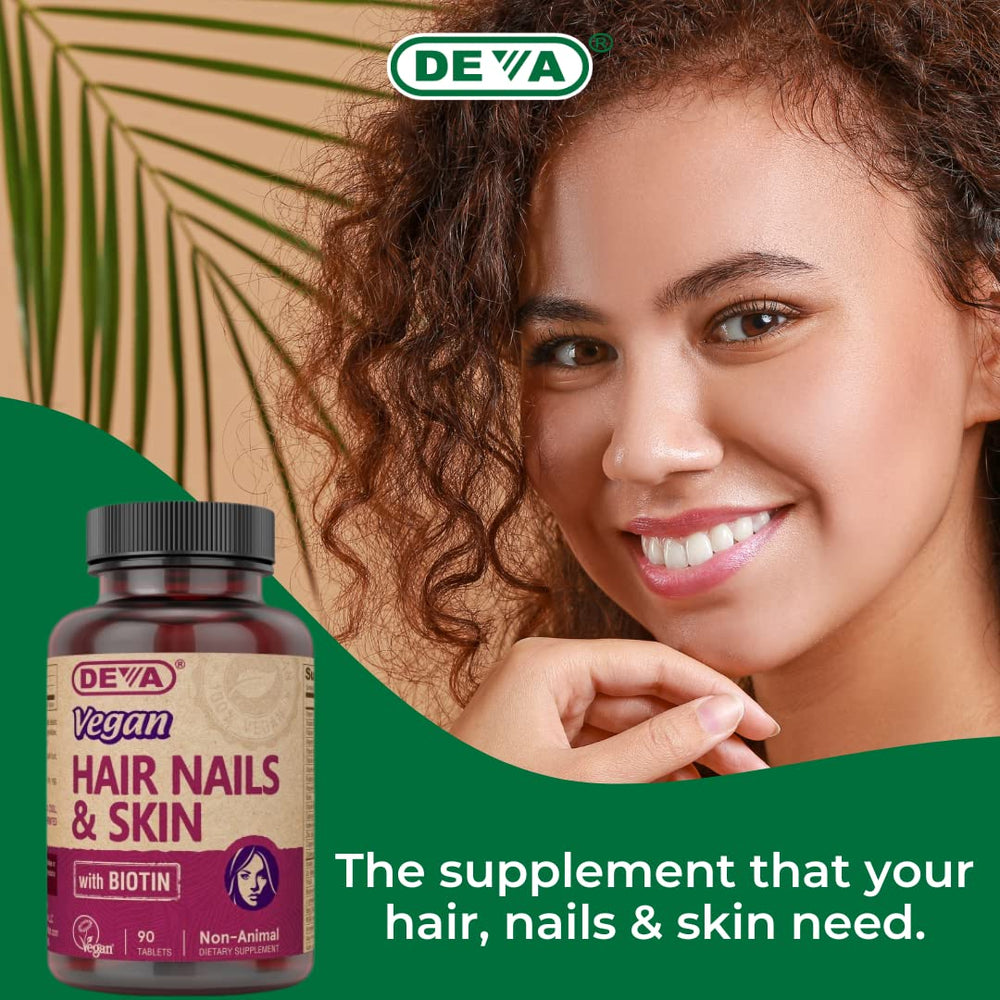 Packaging shot of DEVA Hair Nails Skin vegan supplement pack of two