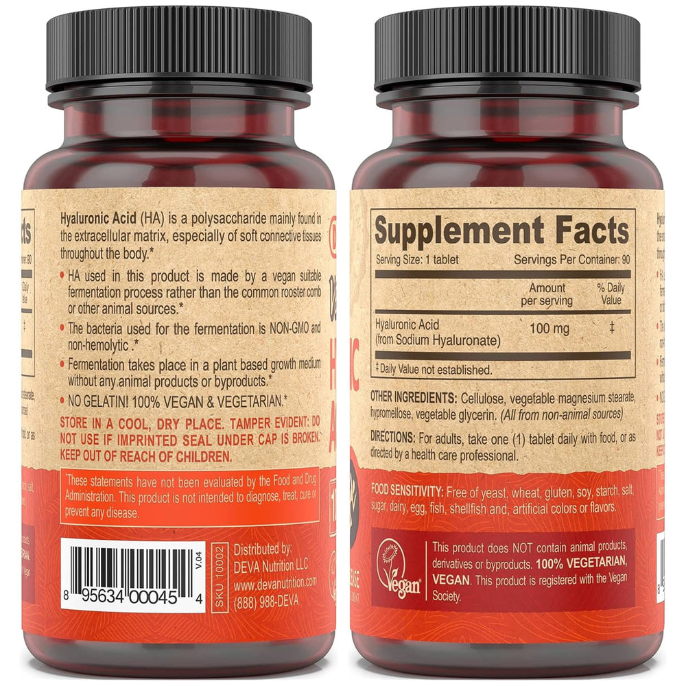 Close-up of DEVA vegan Hyaluronic Acid tablets in bottle