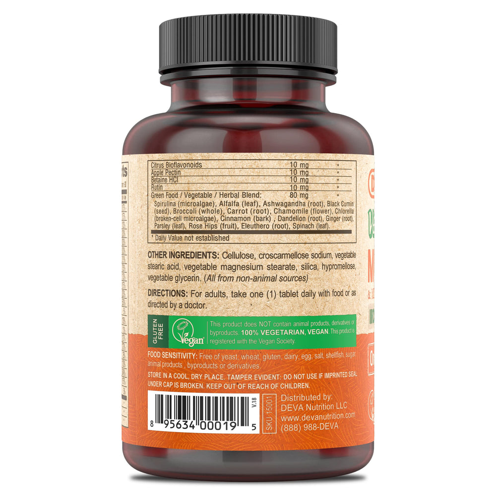 Supplement facts panel for DEVA vegan multivitamin showing vitamins and minerals