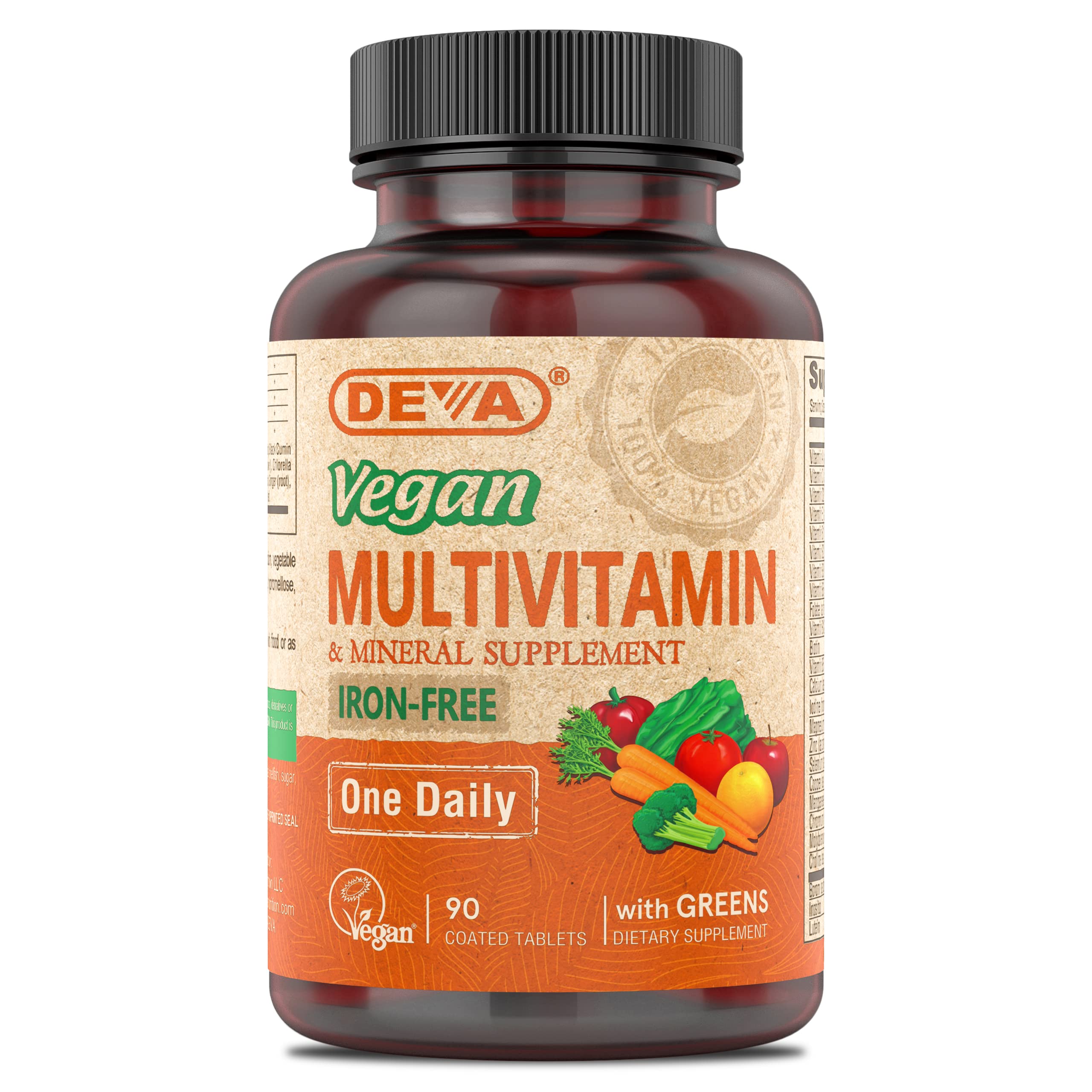 Bottle of DEVA Vegan Iron-Free Multivitamin & Mineral Supplement – 90 coated tablets