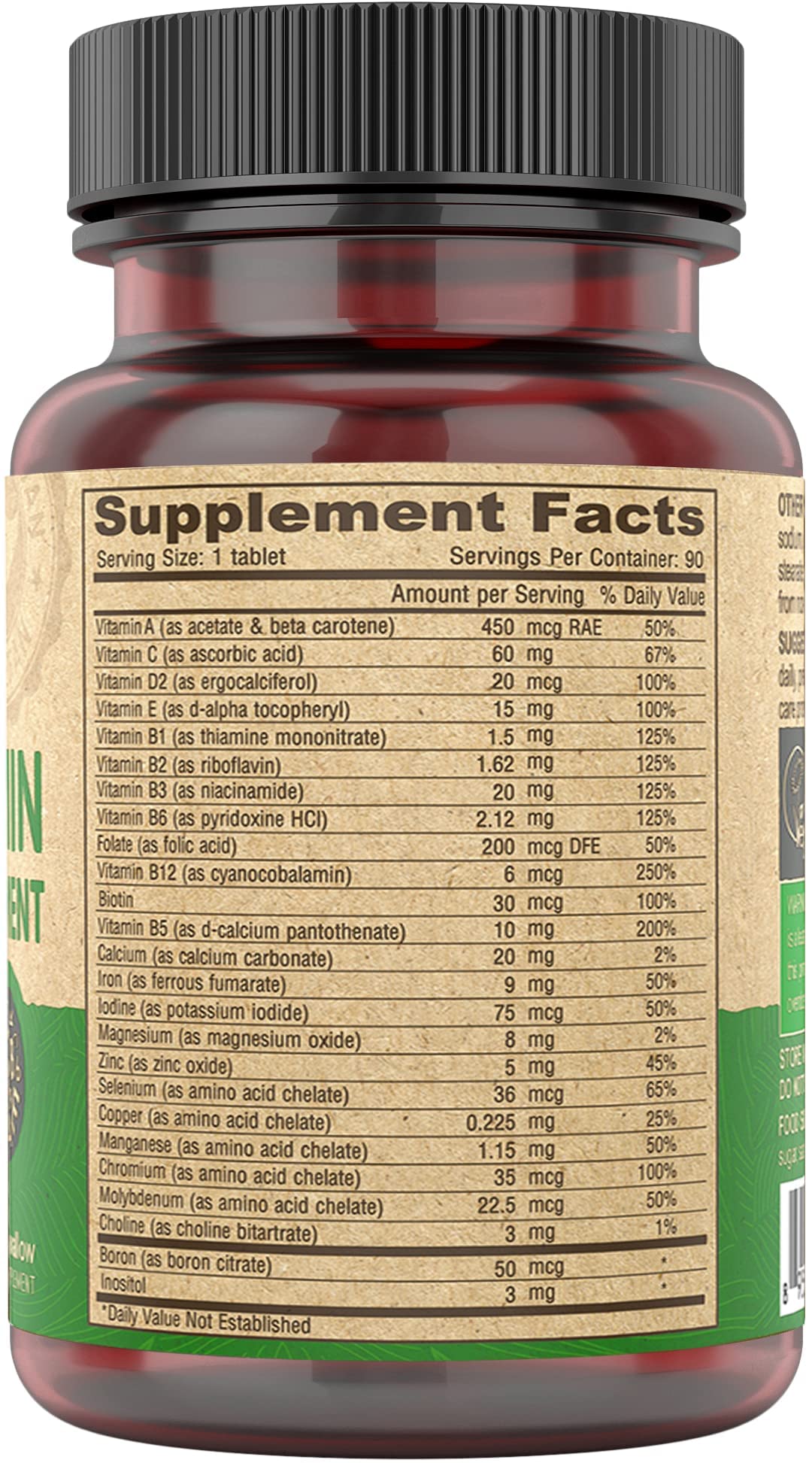 Serving size and nutrition details on the bottle label