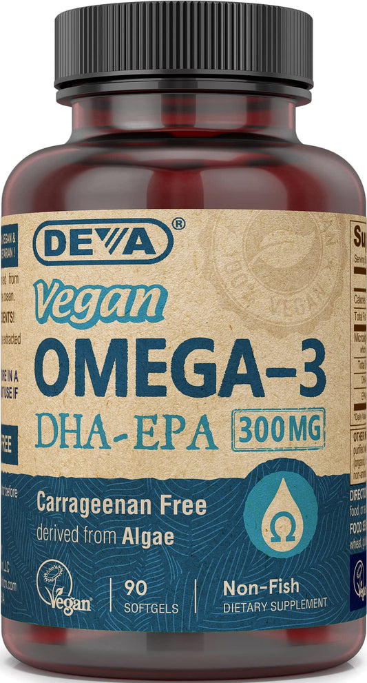 Front view of DEVA Vegan Omega-3 DHA-EPA Softgels bottle