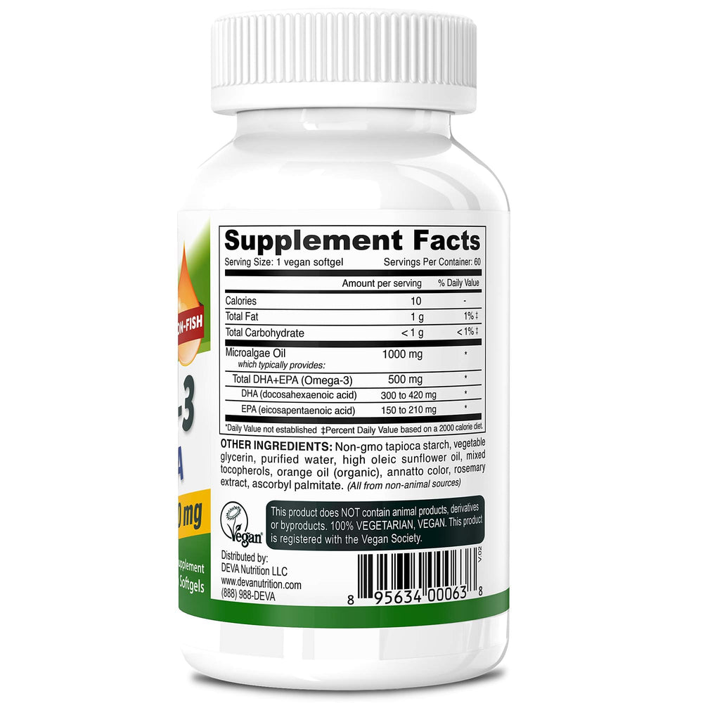 DEVA Vegan Omega-3 softgels closeup shows gelatin-free, carrageenan-free capsules with clean omega-3