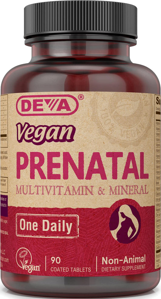 DEVA Vegan Prenatal Multivitamin packaging showing 90 coated tablets.