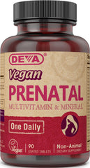 DEVA Vegan Prenatal Multivitamin packaging showing 90 coated tablets.