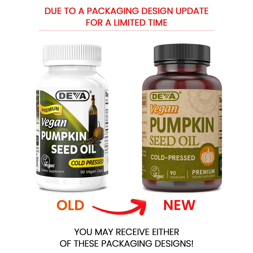 Close-up of DEVA Vegan Pumpkin Seed Oil 500 mg bottle