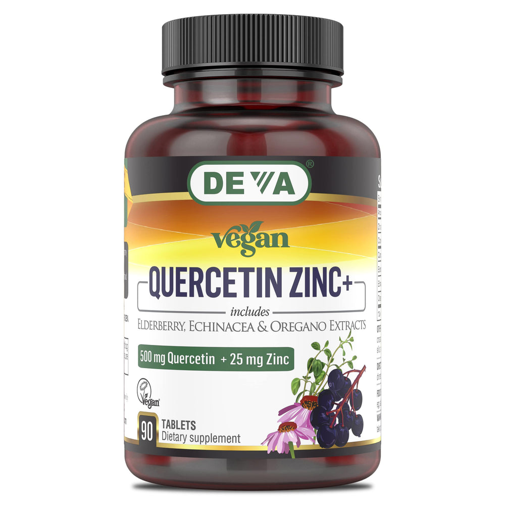 DEVA Vegan Quercetin 500mg + Zinc 25mg with Elderberry, Echinacea and Oregano Extracts bottle and packaging