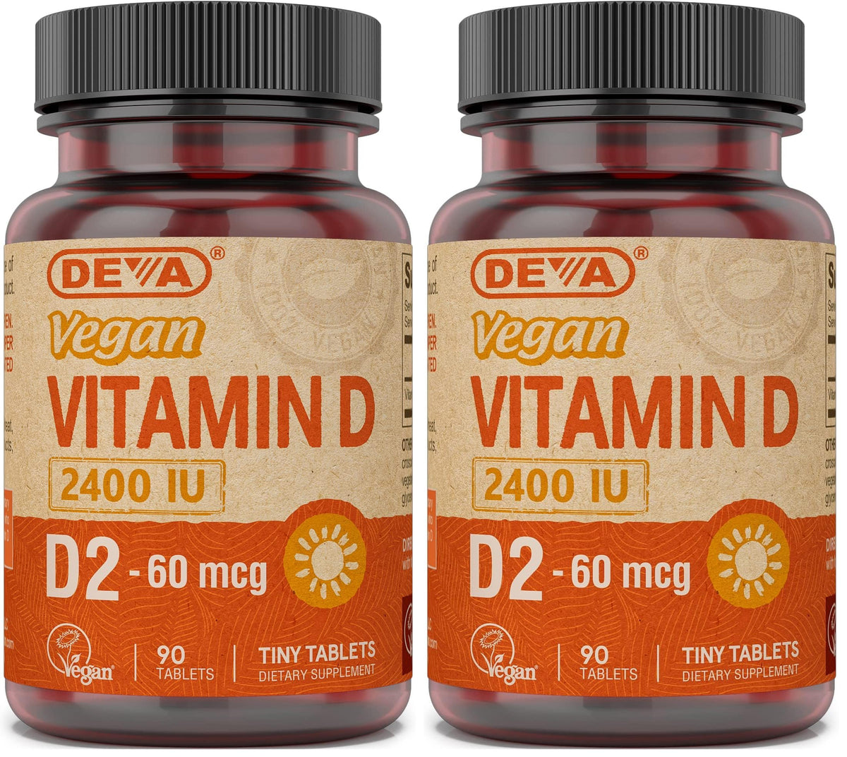 DEVA Vegan Vitamin D2 2400 IU bottle label with 90 tablets, 2-pack