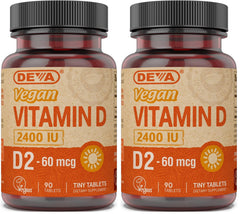 DEVA Vegan Vitamin D2 2400 IU bottle label with 90 tablets, 2-pack
