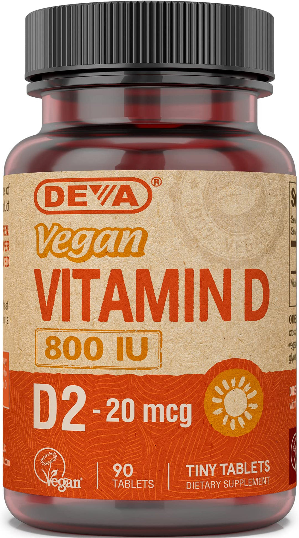 Front view of Deva Vegan Vitamin D2 bottle (800 IU, 90 tablets)