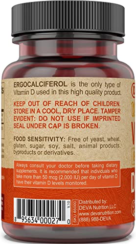 DEVA Vitamin D2 vegan certification and ingredients.