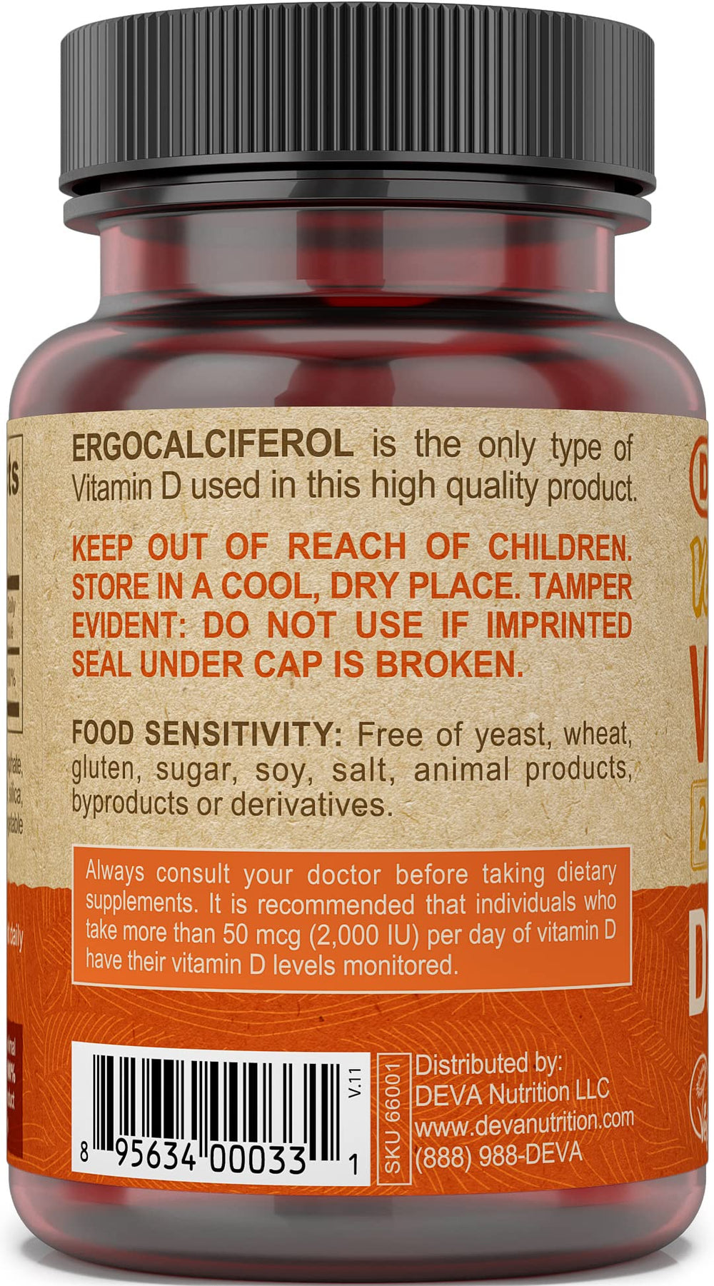 No animal ingredients seal on DEVA Vitamin D2 packaging