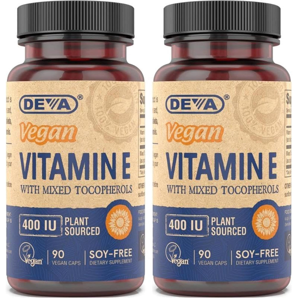 DEVA Vitamin E 400IU bottle with mixed tocopherols for daily antioxidant support.