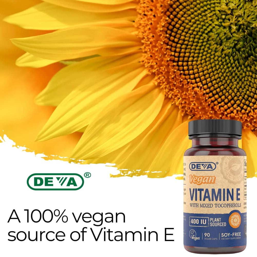 DEVA vitamin E label close-up showing 400IU and mixed tocopherols.