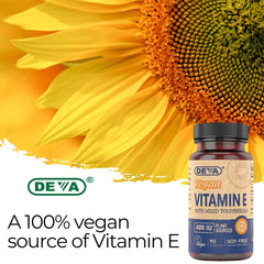 DEVA vitamin E label close-up showing 400IU and mixed tocopherols.