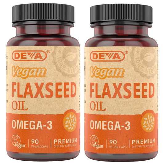 Front view of DEVA Organic Vegan Flax Seed Oil bottle with 2-pack