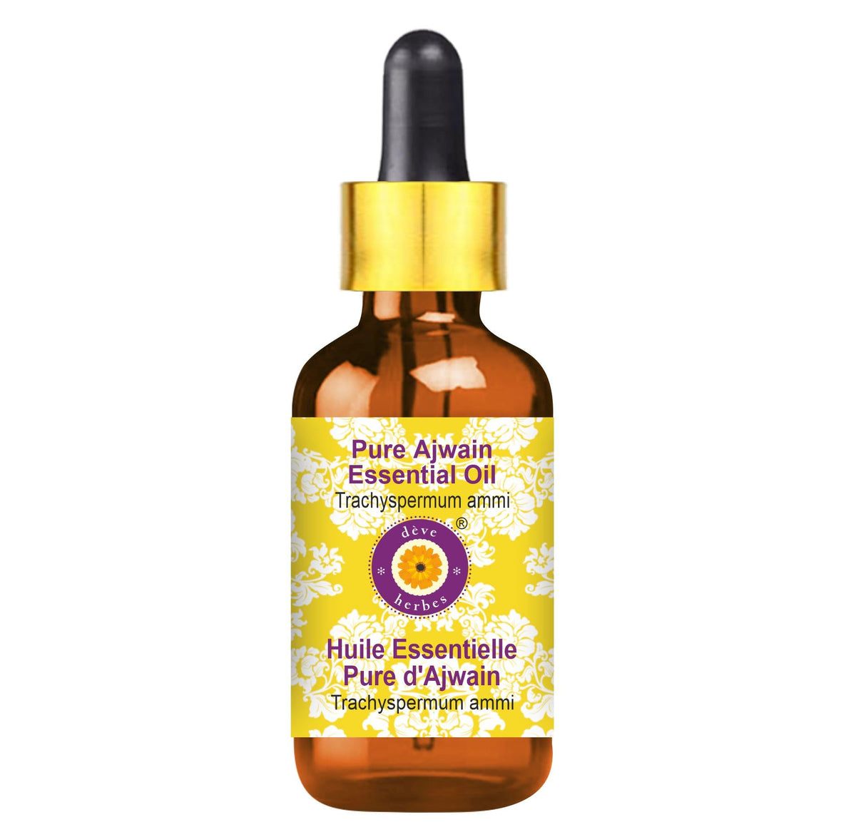 Ajwain essential oil in a 5ml amber glass bottle with glass dropper