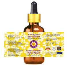 Close-up of Ajwain essential oil label on amber bottle