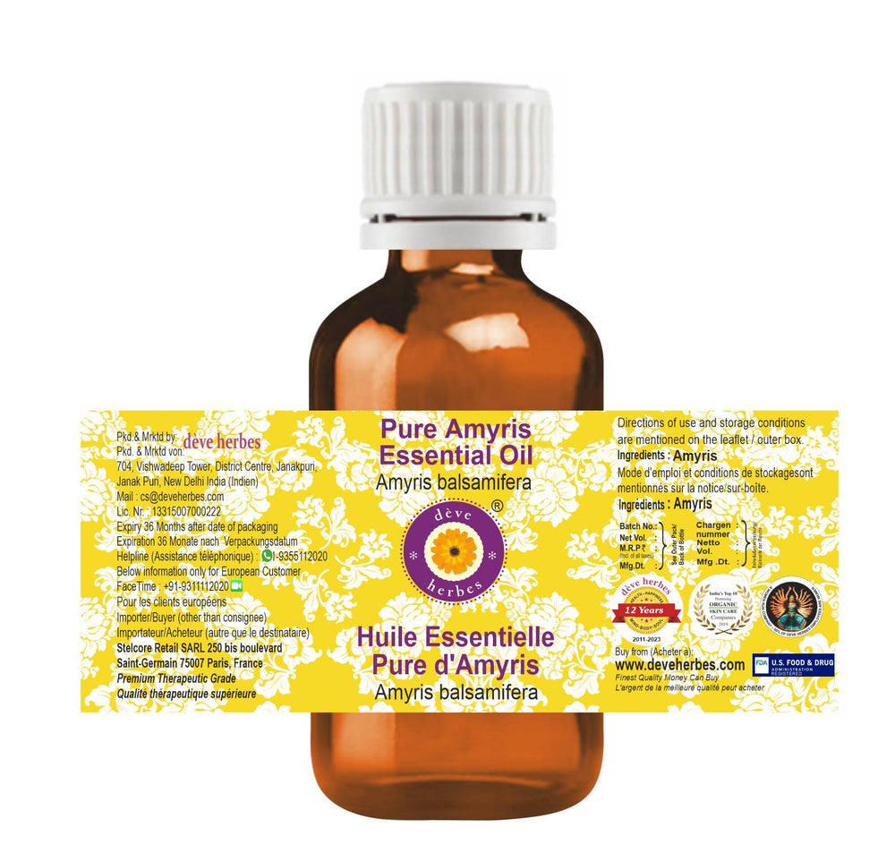 Amyris balsamifera essential oil 10ml amber bottle side view