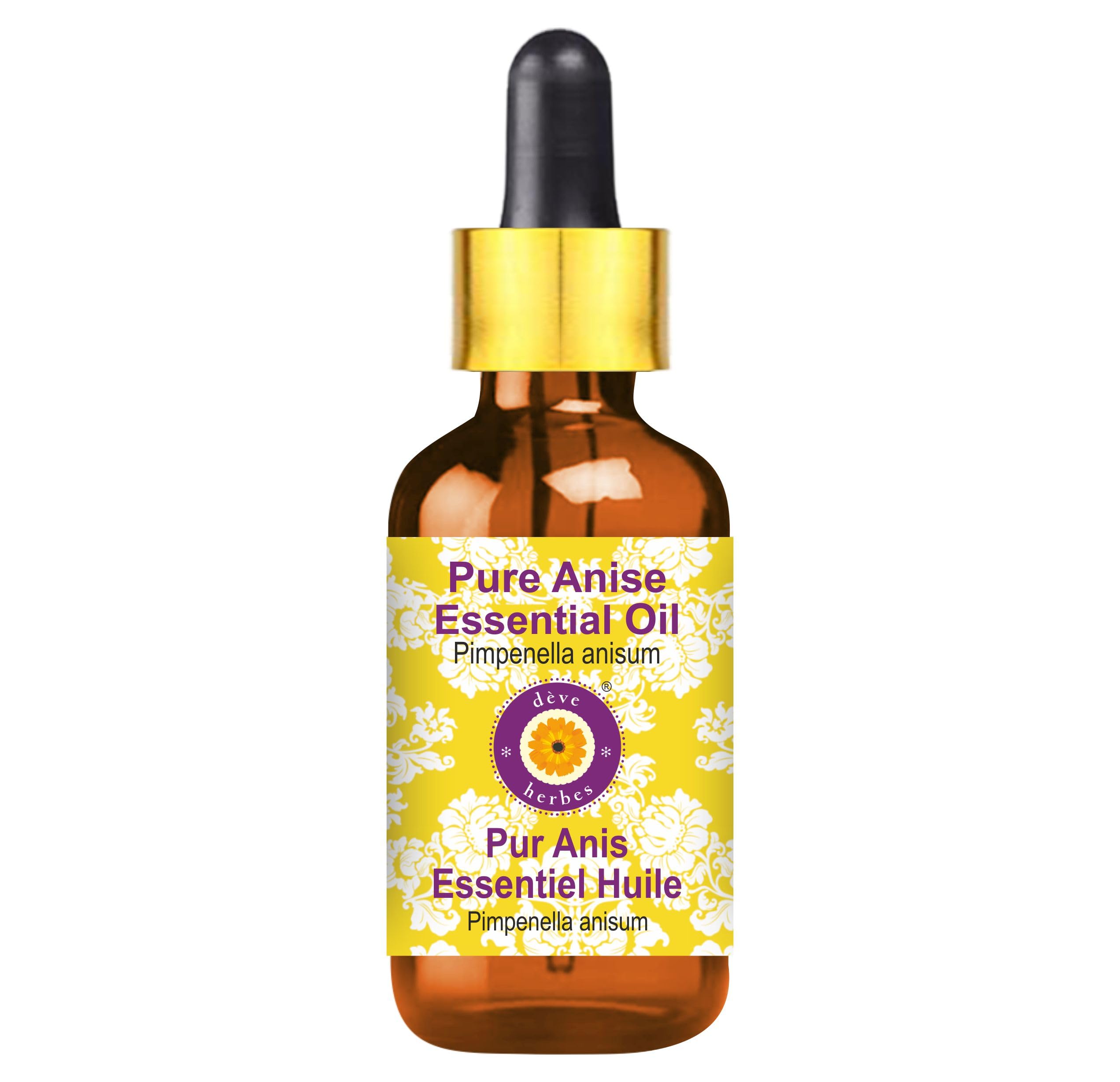Amber glass bottle containing Deve Herbes Anise Essential Oil with glass dropper - front view