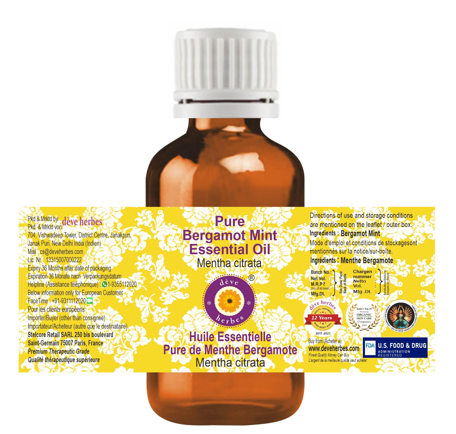 Amber glass bottle of Bergamot Mint essential oil 5ml with label