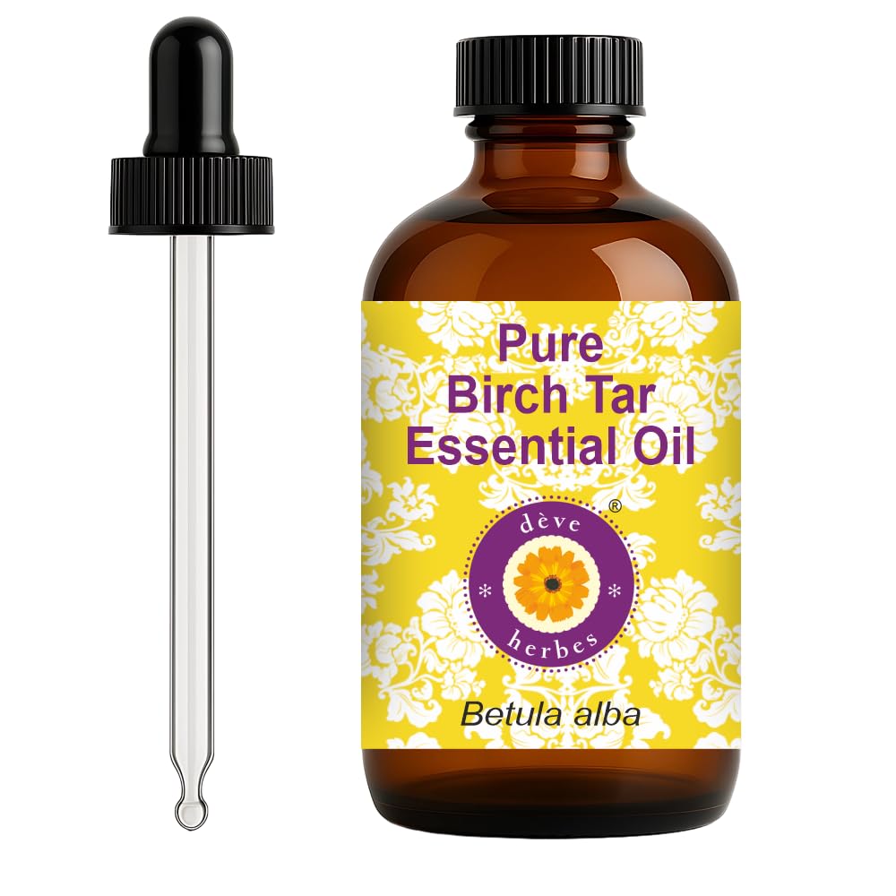 Birch Tar Essential Oil 120ml amber glass bottle with glass dropper