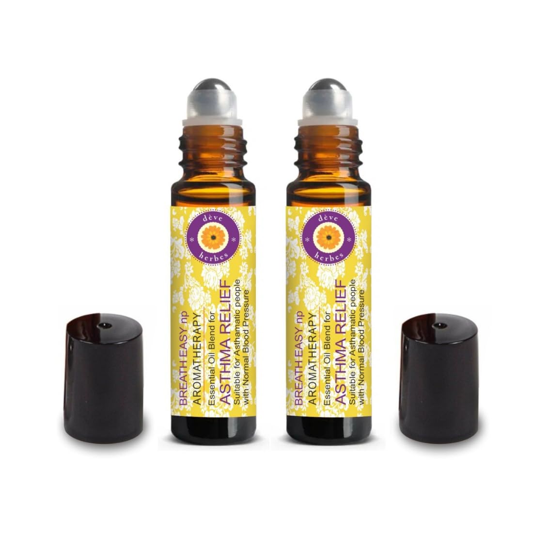 Front view of Deve Herbes Breathe Easy HP Aromatherapy Essential Oil Blend 2x10ml roll-on bottles