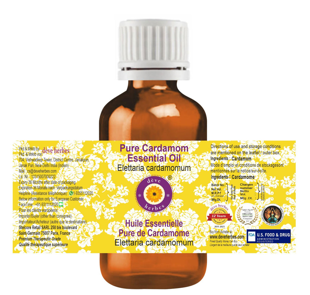 Close-up of Deve Herbes Cardamom Essential Oil bottle 10ml