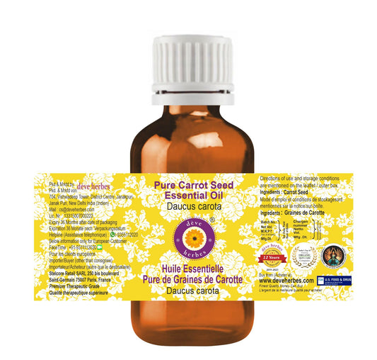 Amber glass bottle of Deve Herbes carrot seed oil with label