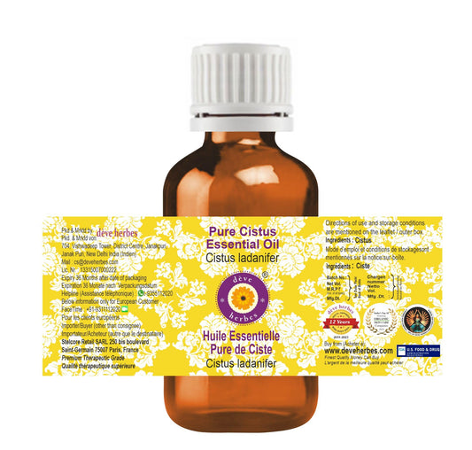 Amber glass bottle containing Deve Herbes Cistus ladanifer essential oil