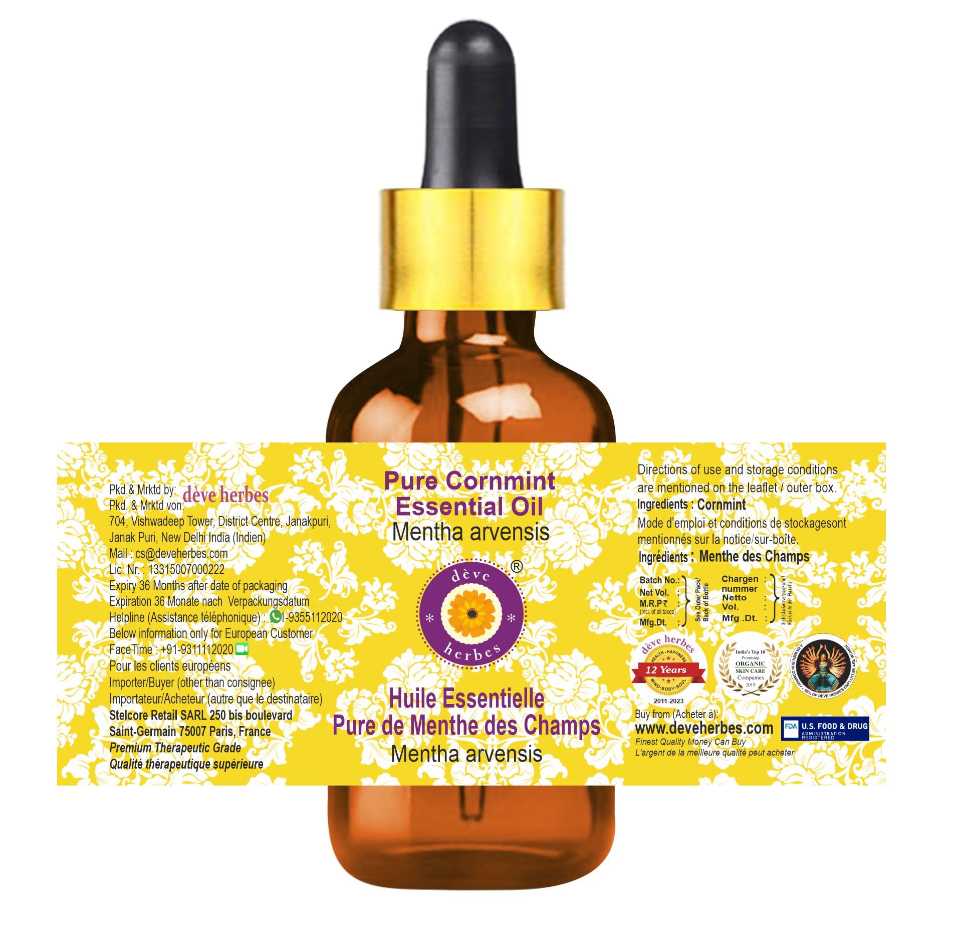 Close-up of label on Deve Herbes Cornmint essential oil bottle