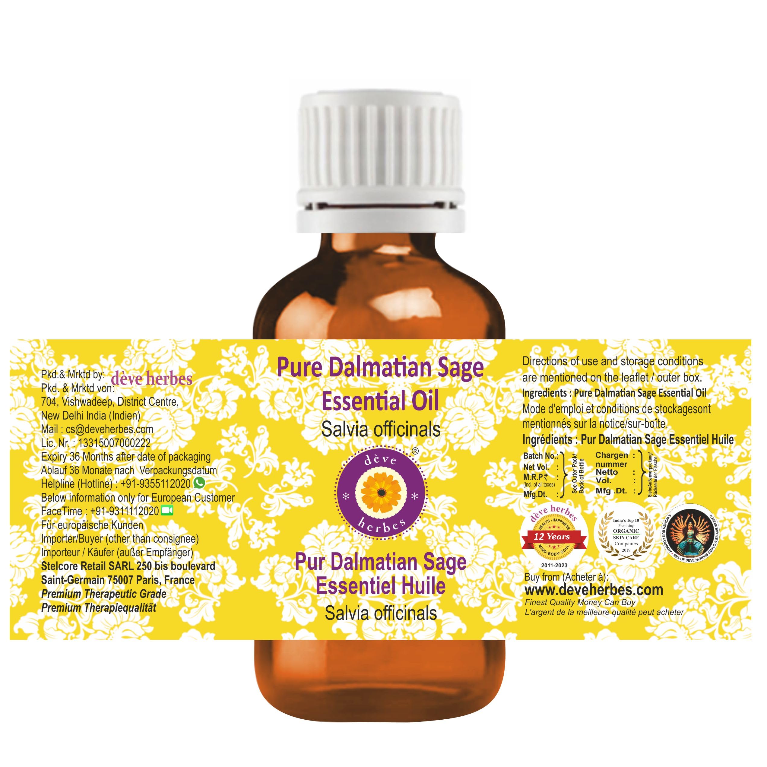 Close-up of amber bottle cap and label for Dalmatian Sage essential oil