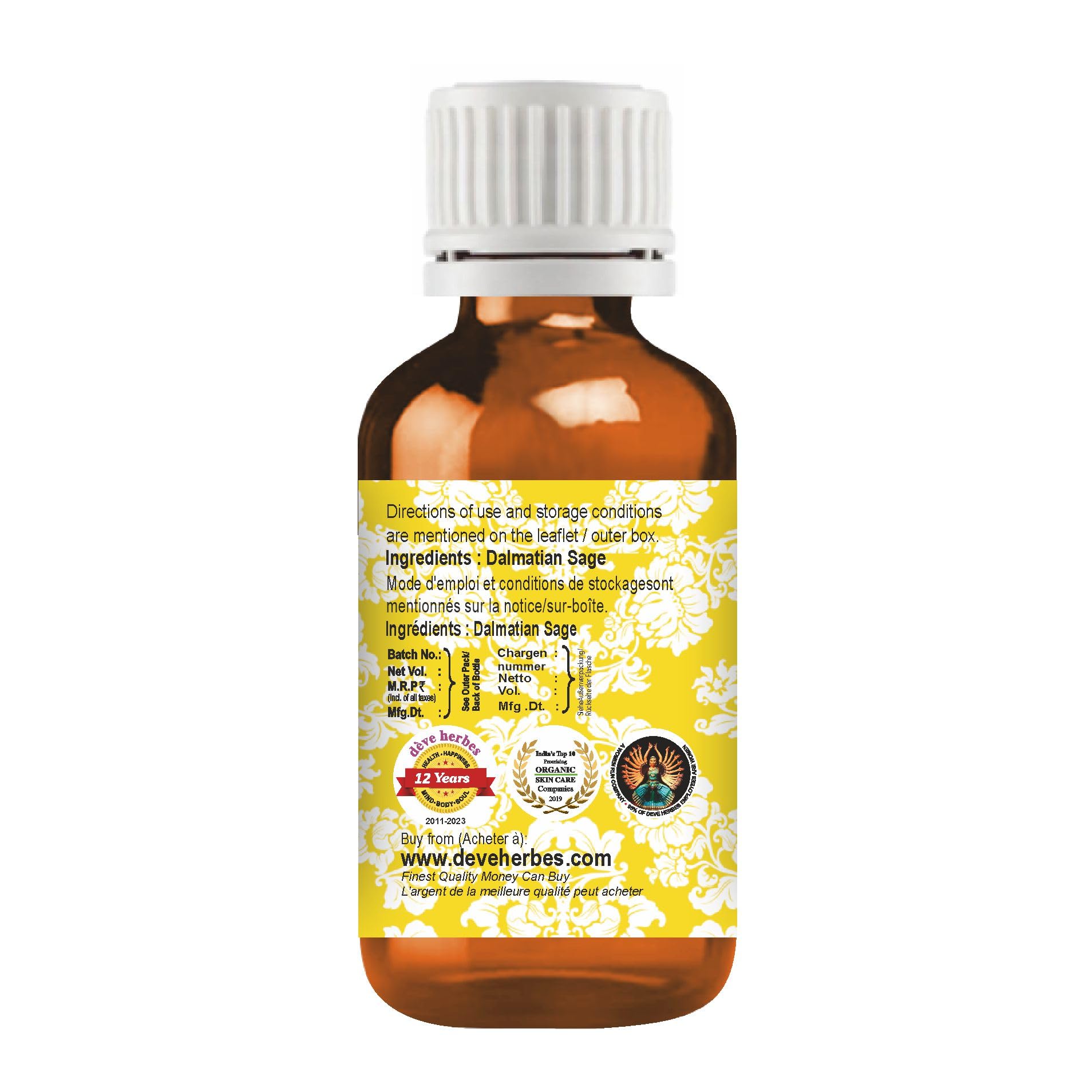 Dalmatian Sage essential oil label displaying brand Deve Herbes