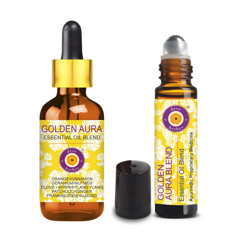 Golden Aura Blend essential oil roll-on bottle (10ml) and 5ml undiluted bottle by Deve Herbes