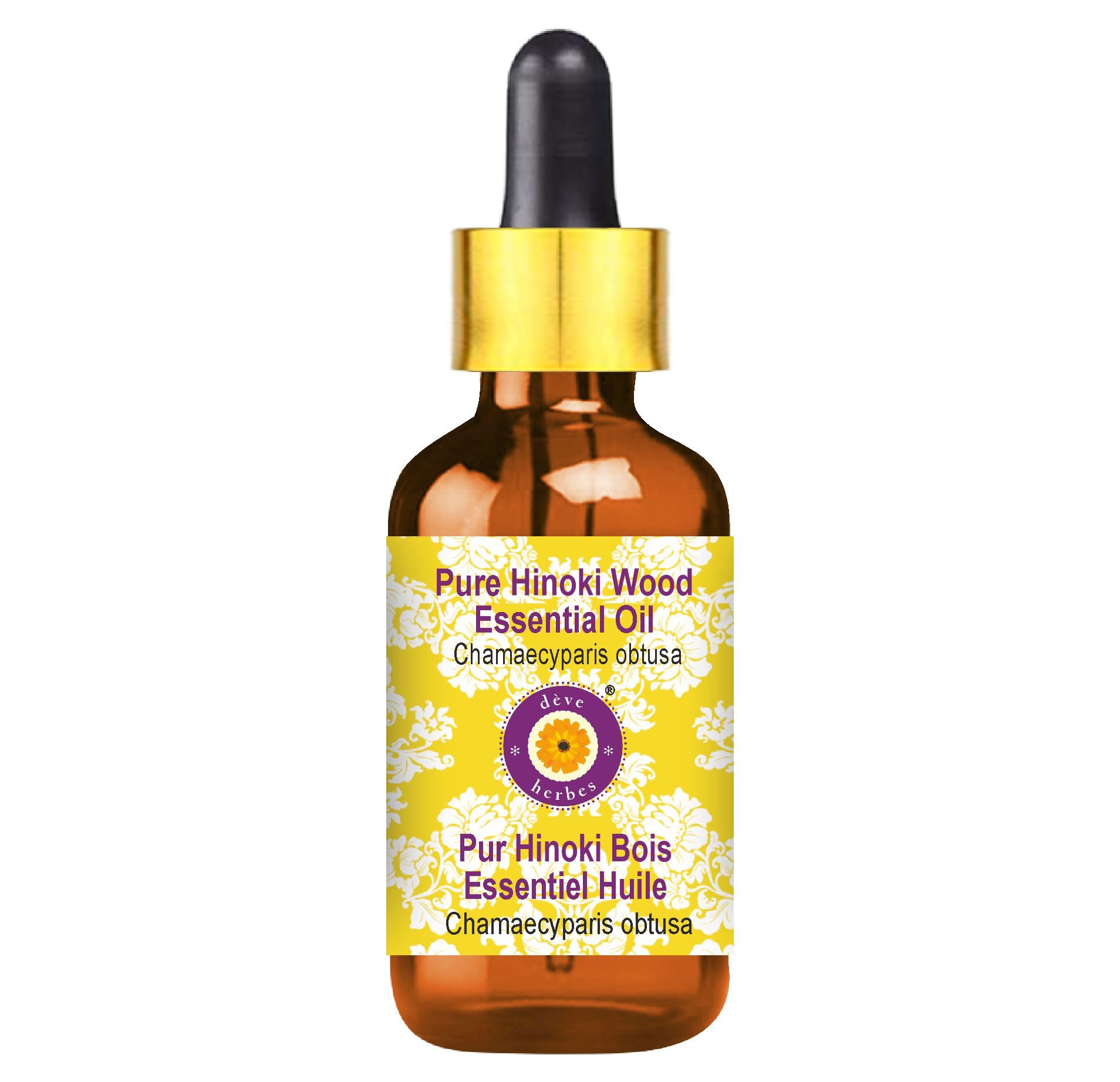 5ml Hinoki wood essential oil in amber glass bottle with glass dropper