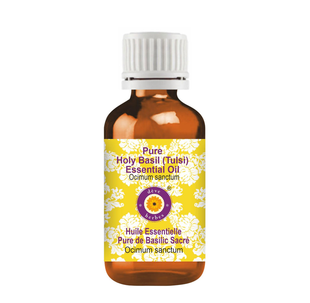 Amber glass bottle of Deve Herbes Holy Basil essential oil 30ml
