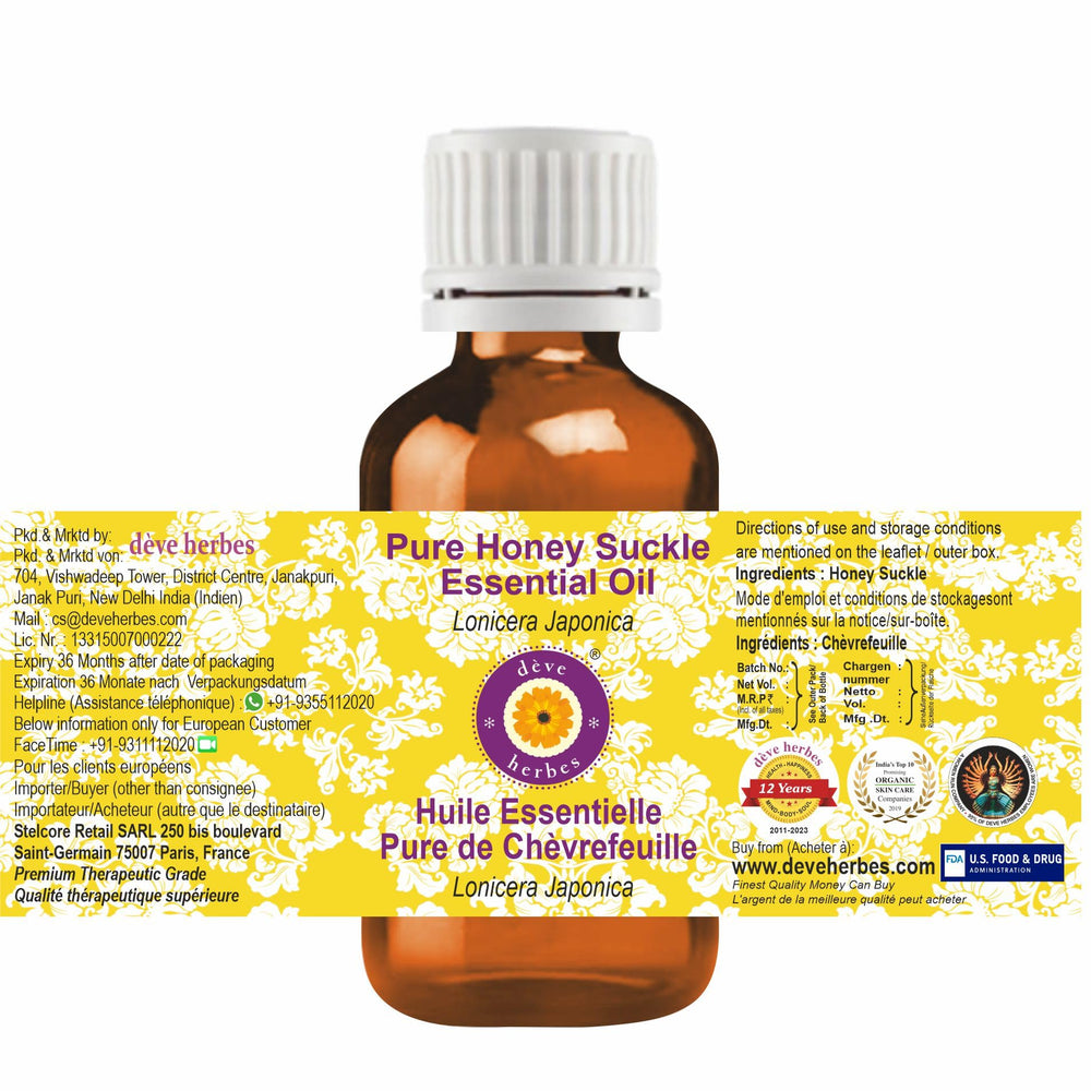 Close-up of 30ml amber glass bottle of Honey Suckle essential oil by Deve Herbes.