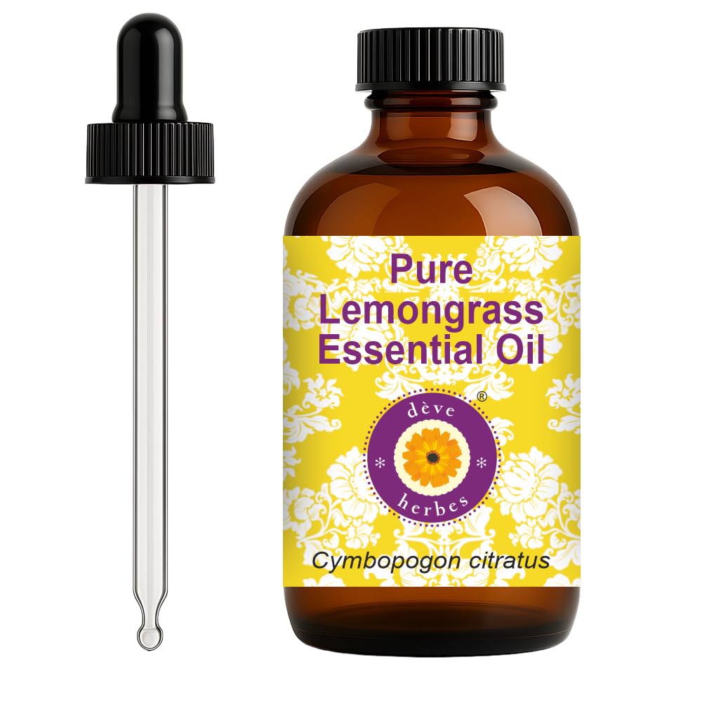 Amber glass bottle with glass dropper containing Lemongrass essential oil, 120ml