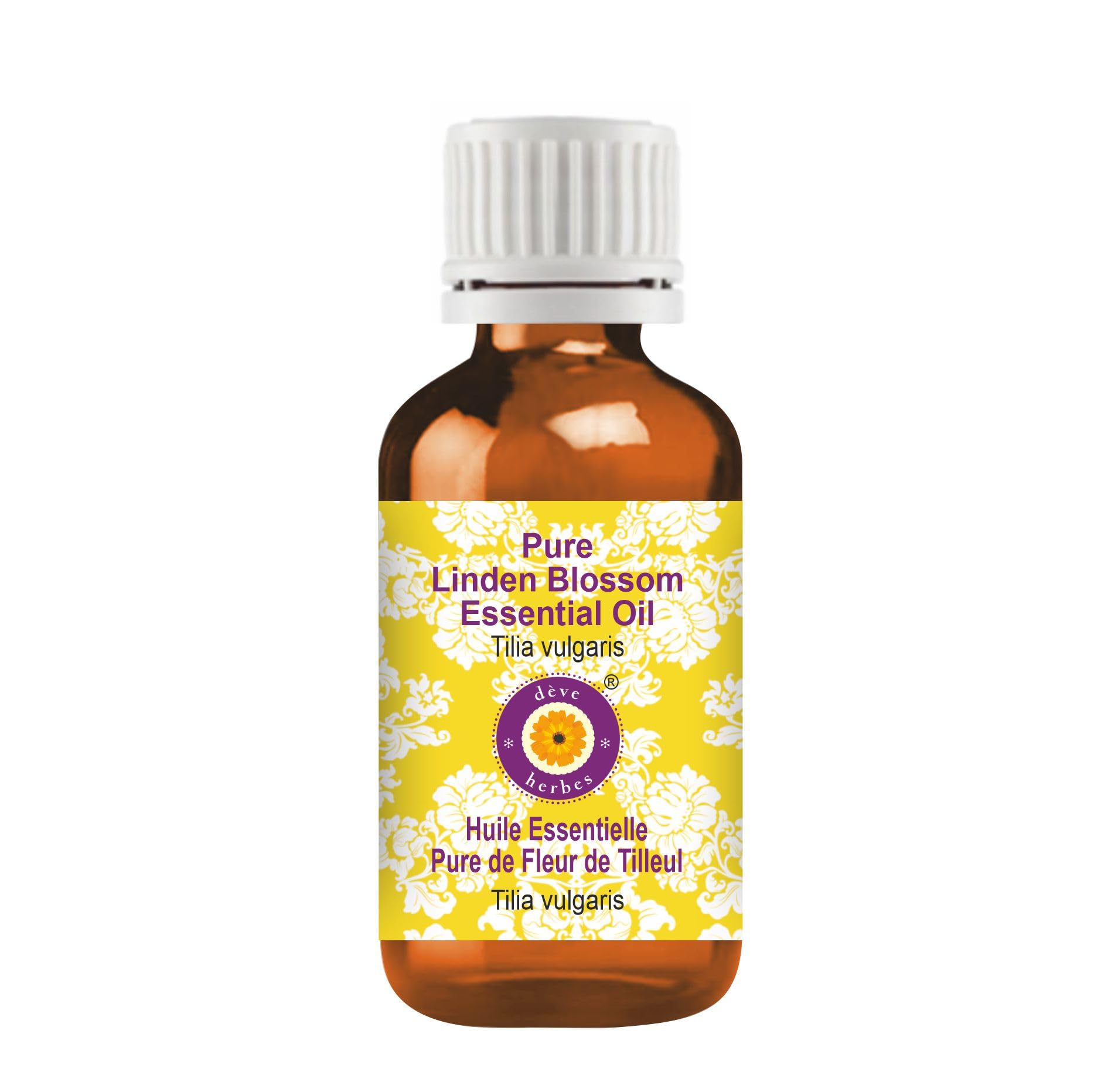 Linden Blossom essential oil in a 2 ml amber glass bottle by Deve Herbes